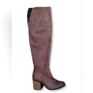 Hinge Boots Canton Brown Over The Knee Distressed 3" Chunky Block Heel S…